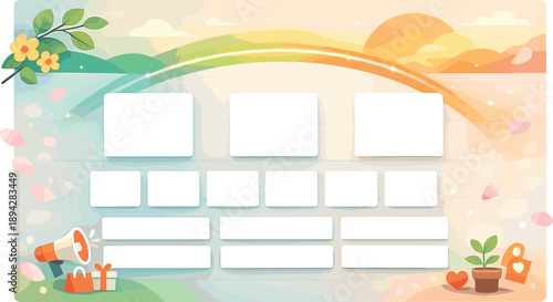 Social Media Planner. Social media promo planner board with blank post tiles and a glowing schedule arc, subtle petal bokeh and