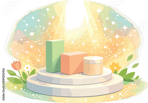 Spring Product Launch Display. Product pedestal showcase with simple packages and a blooming spotlight glow, sparkle dust and airy