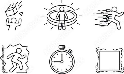 Freeze-Frame Vector Icons. Line style vector icons of freeze-frame moment before threat: falling object, expanding time ring,