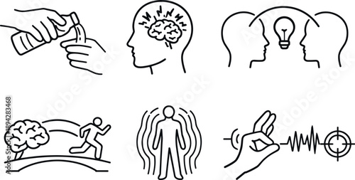 Action Understanding Icons. Line style vector icons of action understanding via mirroring: seen hand act, corresponding neural