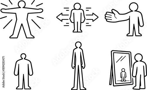 Self-Perception Distortion Icons. Line style vector icons of altered self-size perception: expanding silhouette, compressed figure