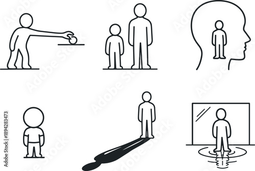 Self-Perception Icons. Line style vector icons of self-perception distortion: extended reach illusion, reduced height illusion,