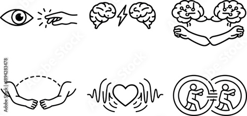 Neural Observation Icons. Line style vector icons of neural mirroring during observation: watching grasp motion, parallel neural