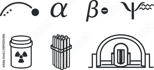 Nuclear Decay Icons. Line style vector icons of long half-life isotopes: decay timeline arc, alpha/beta/gamma icons, stable