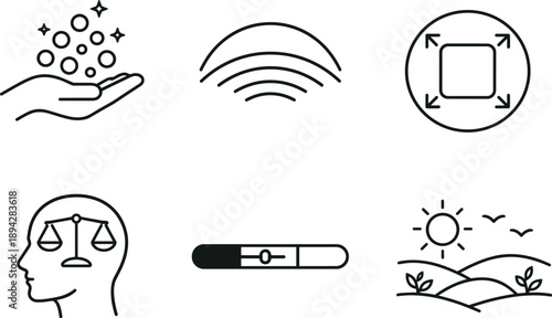 Psychological Abundance Icons. Line style vector icons of psychological adaptation to abundance: open-hand plenty symbol, easing