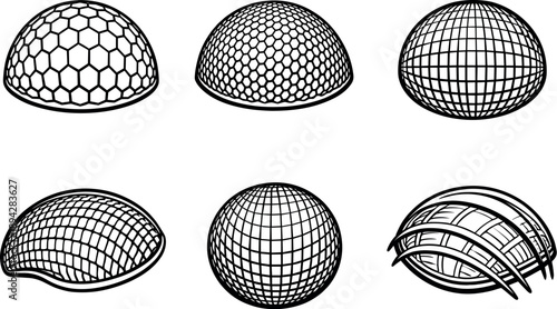 Intricate Insect Optics. Line style vector icons of insect optical complexity: intricate facet dome, repeating micro-surfaces,