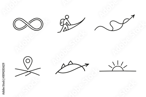 Perpetual Motion Icons. Line style vector icons of perpetual movement culture: ongoing-loop symbol, minimal-attachment contour,
