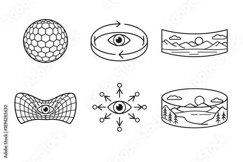 Panoramic Insect Vision. Line style vector icons of panoramic insect vision: spherical facet sheet, 360-degree arc, wide-field