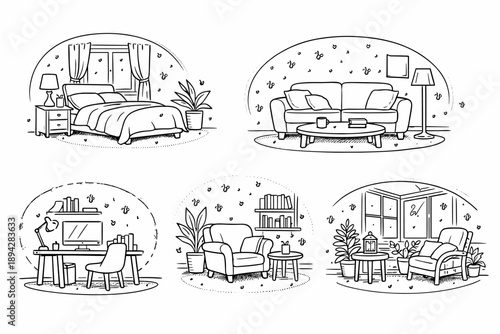 Glowing Interior Icons. Line style vector icons of interior spaces lit by fireflies: room-outline glow, scattered light dots, warm