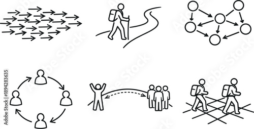 Nomadism Iconic Comparison. Line style vector icons of collective vs individual nomadism: swarm-flow pattern, solo traveler line,