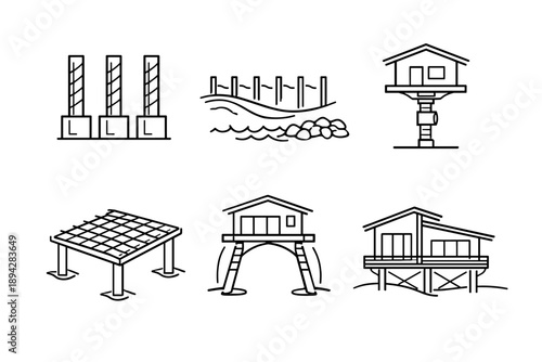 Modern Stilt-House Engineering. Line style vector icons of modern stilt-house engineering: reinforced column set, flood-impact