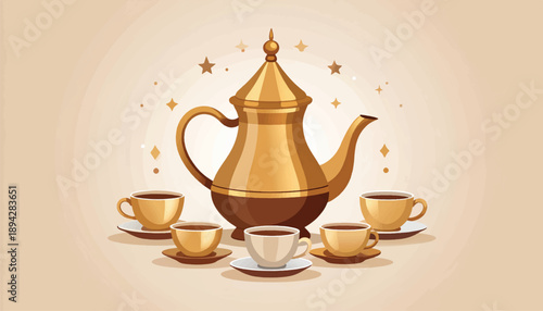 Traditional Arabic Coffee Pot Dallah with Cups Gold Vector