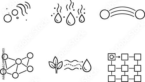 Chemical Messaging Icons. Line style vector icons of low-bandwidth chemical messaging: minimal-signal particle set, encoded scent