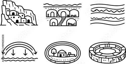 Cliffside and Underground Homes. Line style vector icons of cliffside and underground settlements for heat protection: carved rock