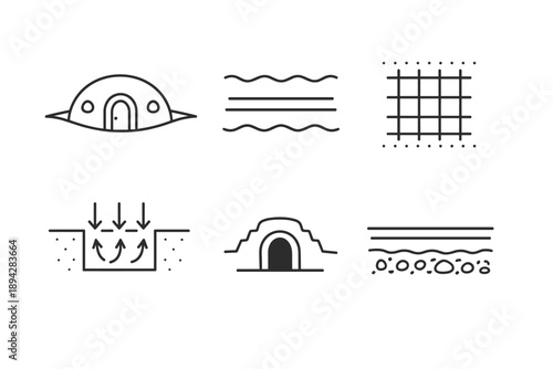 Heat-Resistant Architecture Icons. Line style vector icons of heat-resistant underground architecture: earth-sheltered dome,
