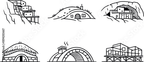 Ancient-Modern Shelters. Line style vector icons of ancient–modern hybrid shelters: cliff-house revival shape, earth-dwelling