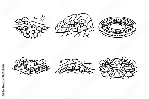 Climate-Adapted Village Icons. Line style vector icons of climate-adaptive settlements: underground village nodes, rock-integrated