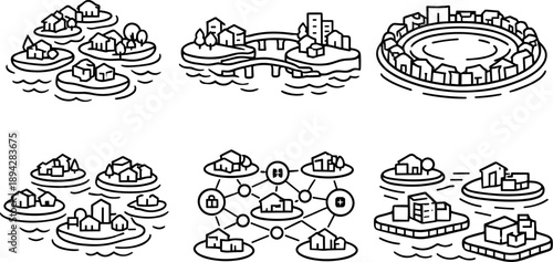 Archipelago Urban Planning Icons. Line style vector icons of archipelagic urban planning: clustered islet modules, connectivity