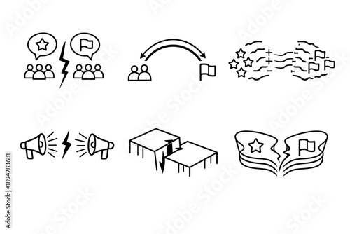 Ideological Polarization Icons. Line style vector icons of ideological polarization in news: divided audience nodes, left–right