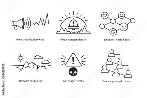 Anxiety Vector Icons. Line style vector icons of anxiety-driven information spread: panic-amplification wave, threat-exaggeration