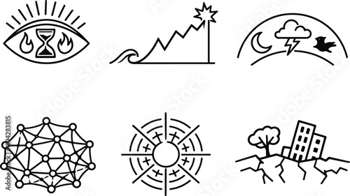 Apocalyptic Icon Dynamics. Line style vector icons of apocalyptic narrative dynamics: prophetic-symbol outline, threat crescendo