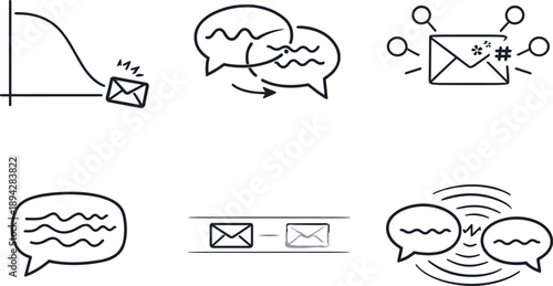 Message Fidelity Icons. Line style vector icons of degraded message fidelity: signal-loss curve, meaning-drift outline,