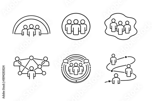 Rumor-Driven Social Dynamics. Line style vector icons of rumor-driven cohesion and exclusion: boundary-setting arc, in-group