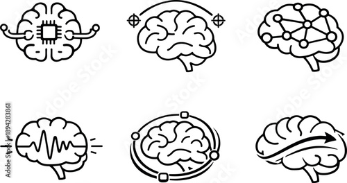 Brain Augmentation Icons. Line style vector icons of brain augmentation pathways: neural-interface symbol, targeted enhancement