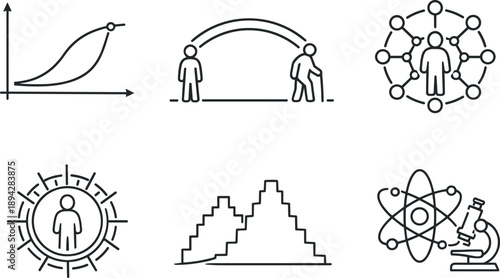 Longevity Icon Set. Line style vector icons of life extension to 150 years: longevity curve, extended lifespan arc, aging-slowdown