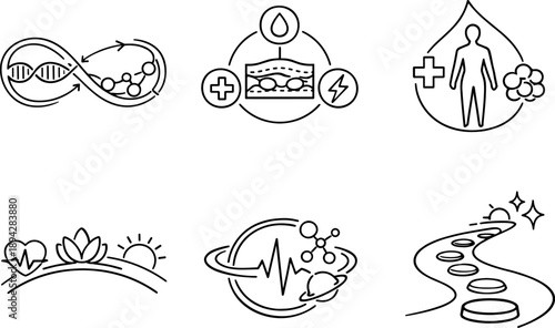 Longevity Vector Icons. Line style vector icons of longevity-driven innovation: advanced biotech loop, tissue-repair nodes,