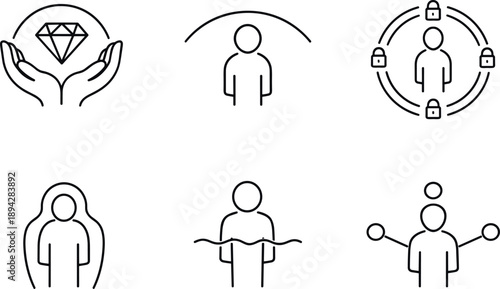Dignity Vector Icons. Line style vector icons of dignity in non-enhancement: inherent worth outline, value-neutral arc, human-core