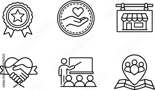 Community Engagement Icons. Line style icons of community engagement: loyalty reward badge, volunteer point stamp, merchant