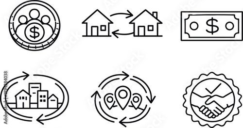 Local Currency Icons. Line style icons of local currency fundamentals: community coin symbol, neighborhood exchange arrows,