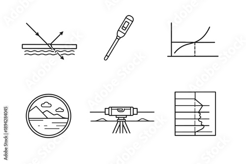 Scientific Tools Icons. Line style icons of scientific observation tools: light-ray diagram plate, temperature probe stick,