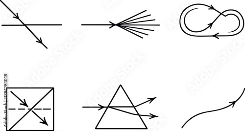 Optical Mechanism Icons. Line style icons of optical mechanisms: refraction path diagram, dispersion arrow, internal reflection