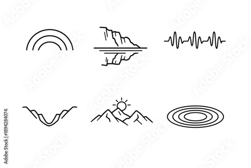 Mountain Echo Icons. Line style icons of mountain echo basics: sound-wave arc, cliff reflection line, repeated wave sequence,