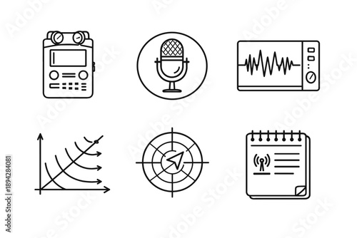 Measurement Tools Icons. Line style icons of measurement and study: sound recorder block, microphone circle, waveform display