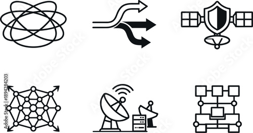 Resilient System Icons. Line style icons of resilience and redundancy: overlapping orbit shells, fallback route arrow, hardened