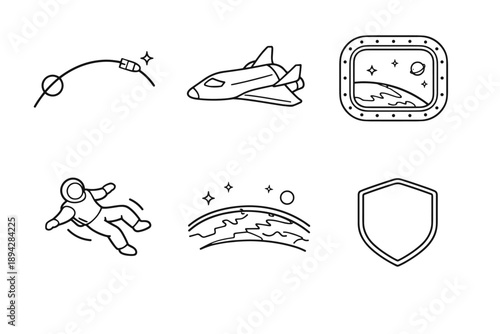 Space Tourism Icons. Line style icons of space tourism fundamentals: orbital path arc, tourist spacecraft outline, viewing window