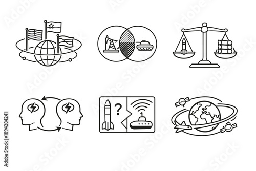 Geopolitical Tension Icons. Line style icons of geopolitical tension: multi-state orbit flags, strategic interest overlap,