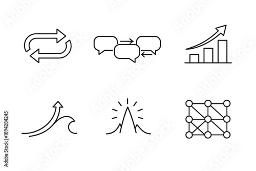 Digital Icon Compilation. Line style icons of digital spread: repost chain arrows, chat bubble relay, algorithm boost bar,