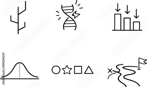 Meme Evolution Icons. Line style icons of meme evolution: branching lineage tree, mutation glyph, selection pressure bars, fitness
