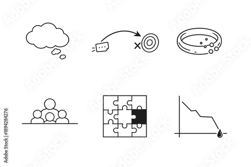 Context Loss Icons. Line style icons of context loss: detached meaning cloud, misapplied usage arrow, diluted symbolism ring,