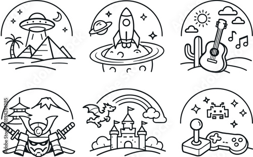 Simplified Icon Remix. Line style icons of mainstream reinterpretation: softened symbol outline, context-shift arc, broad-audience