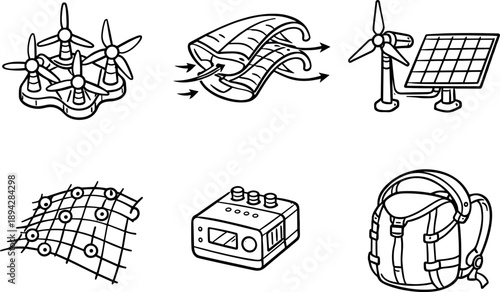 Future Wind Wearables. Line style icons of interpreting past humor: irony-scale dial, absurdity fragment, comedic pattern grid,