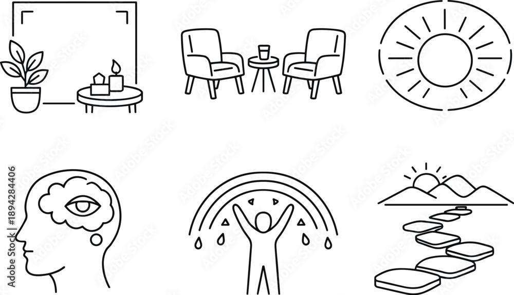 Obraz premium Therapeutic Icon Set. Line style icons of therapeutic context: supportive setting frame, guided-session chair pair, calm-light