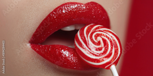 Sensual close-up of glossy red lips gently holding a red and white swirl lollipop. Bold colors, sweet temptation and playful mood create a striking pop-art style image focused on desire and indulgence