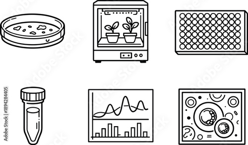Laboratory Research Icons. Line style icons of laboratory research: culture dish circle, controlled growth chamber, enzyme assay