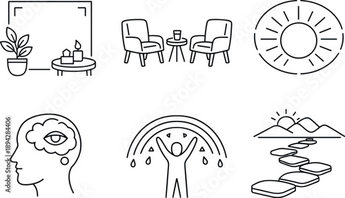 Therapeutic Icon Set. Line style icons of therapeutic context: supportive setting frame, guided-session chair pair, calm-light