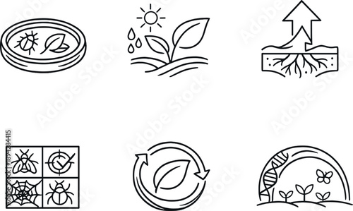 Eco-Friendly Icons. Line style icons of potential applications: biological control module, sustainable agriculture leaf,